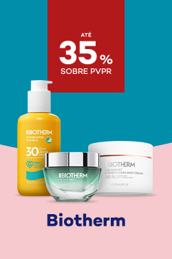 Marca Biotherm com destaque promocional de até 35% sobre preço de Venda ao Público Recomendado
